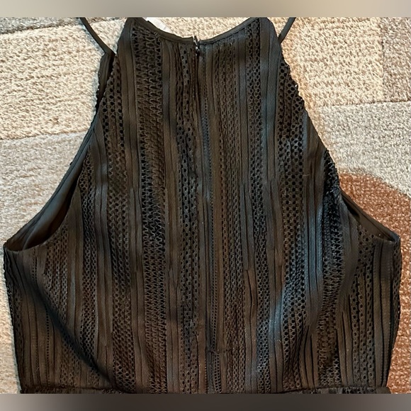 Theory Pleated A-line Midi Dress Black Mesh Lace w Skinny Straps & Front Keyhole - Picture 11 of 14